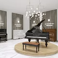 Elegant Piano Showroom Interior With Black Grand Piano White Piano Round Platform And Wooden Walls