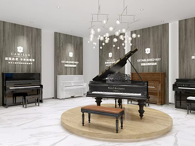Elegant Piano Showroom Interior With Black Grand Piano White Piano Round Platform And Wooden Walls 3d model