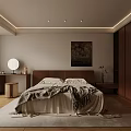 Minimalist Modern Bedroom With Wooden Headboard Bed Knit Blanket Nightstand Mirror Wall Artwork And Curtains