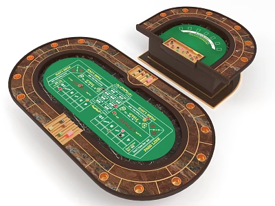 Casino Style Oval Entertainment Table With Green Felt Surface Wooden Edges And Gaming Chips 3d model