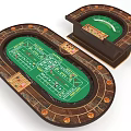 Casino Style Oval Entertainment Table With Green Felt Surface Wooden Edges And Gaming Chips