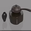 Wooden Roman Column Base With Black Teapot And Vase On Blue Background