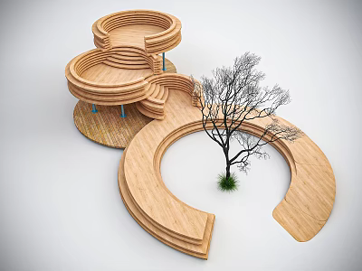 Park Landscape with Wooden Circular Platforms and Bare Tree in Grass Area 3d model