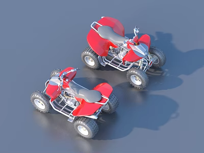 Two Red Four Wheeled Motorcycles With Seats And Metal Frames On Gray Background 3d model