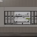 Modern Tea Set Display In Wooden Cabinet With Landscape Painting And Green Plant Lighting