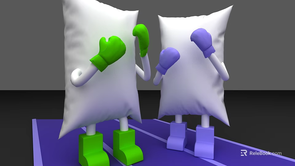 White Pillows Standing In Boxing Pose With Green And Purple Gloves And Legs 3d model 