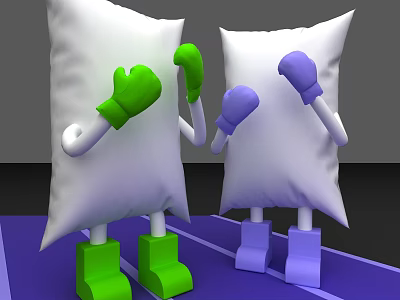 White Pillows Standing In Boxing Pose With Green And Purple Gloves And Legs 3d model