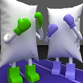 White Pillows Standing In Boxing Pose With Green And Purple Gloves And Legs