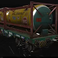 Green Train Car Carrying Yellow Refrigerant Tanks With Metal Frame And Warning Signs Labeled R134a