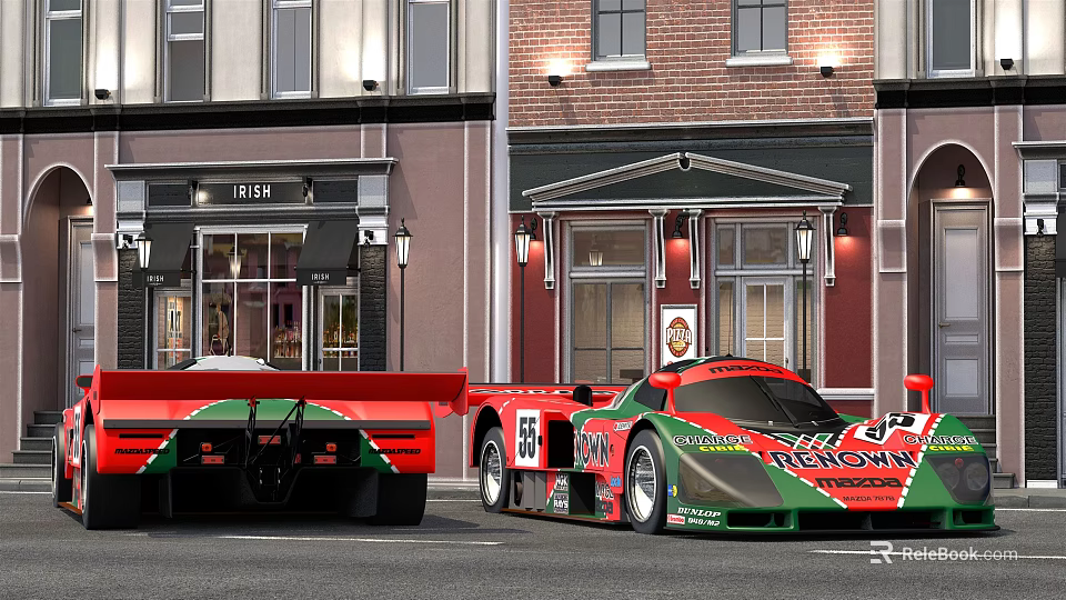 Red And Green Race Cars Parked On Street With Urban Building Background 3d model 