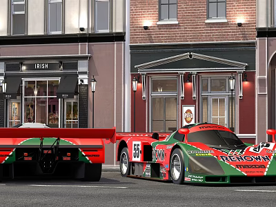Red And Green Race Cars Parked On Street With Urban Building Background 3d model