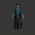 Character In Blue Kimono Holding Two Swords With Spiky Hair Standing