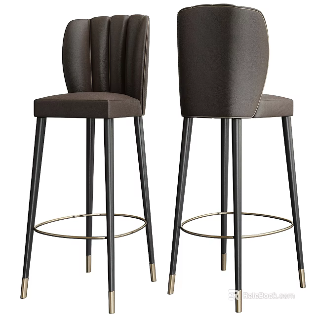 Modern Dark Brown Leather Bar Stools with Black Metal Legs Gold Accents and Footrest 3d model 