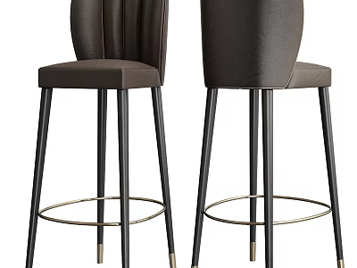 Modern Dark Brown Leather Bar Stools with Black Metal Legs Gold Accents and Footrest 3d model