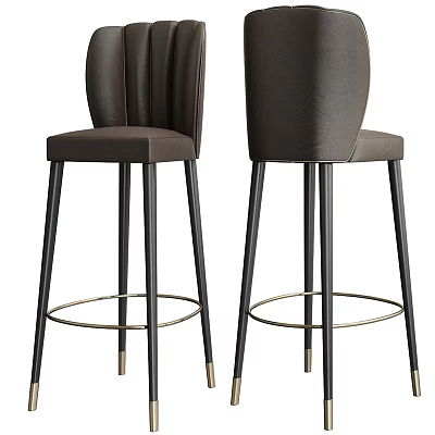 Modern Dark Brown Leather Bar Stools with Black Metal Legs Gold Accents and Footrest 3d model