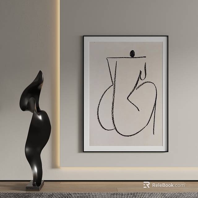 Modern Abstract Black Sculpture Carving With Hanging Art Painting On Wall 3d model 