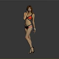 Woman in Red and Black Bikini with Long Hair Wearing High Heels Against Gray Background