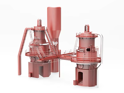Red Industrial Equipment With Twin Towers And Connected Piping Structures 3d model