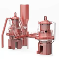Red Industrial Equipment With Twin Towers And Connected Piping Structures