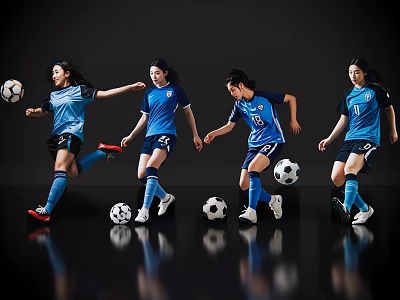 Women Soccer Players in Blue Jerseys Performing Dynamic Football Moves with Balls 3d model