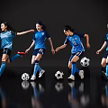 Women Soccer Players in Blue Jerseys Performing Dynamic Football Moves with Balls