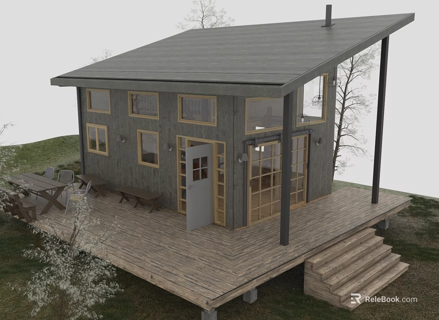 Wooden House With Gray Roof And Wooden Deck Featuring Tables Chairs And Trees Around 3d model 