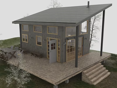 Wooden House With Gray Roof And Wooden Deck Featuring Tables Chairs And Trees Around 3d model