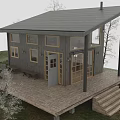 Wooden House With Gray Roof And Wooden Deck Featuring Tables Chairs And Trees Around