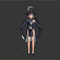 Anime Style Game Character In Black Patterned Qipao With Twin Tails And Gun