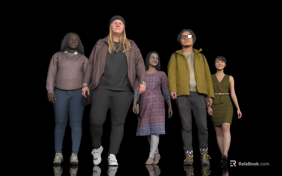 Group of Women with Diverse Ethnicities and Various Body Types Standing Together on Black Background 3d model 