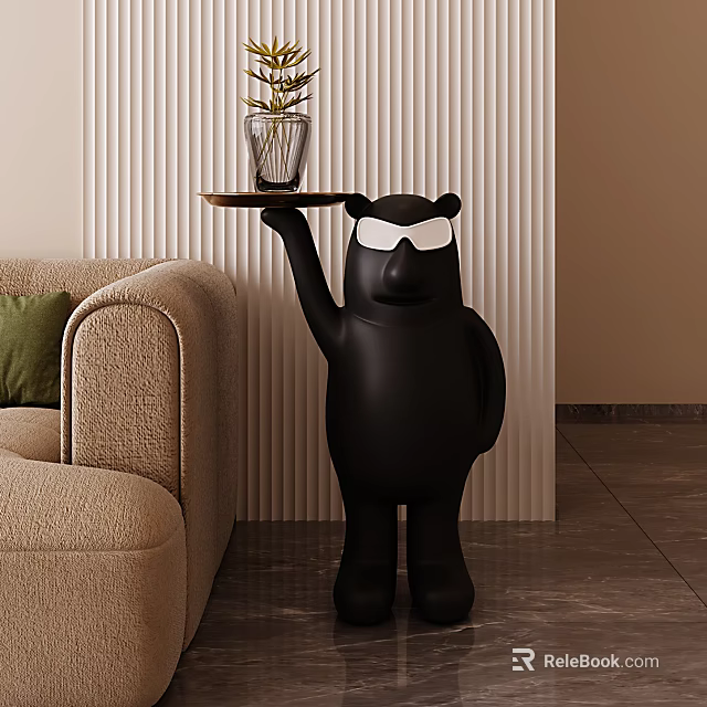 Decorative Bear Figurine Set with Tray Vase and Green Plant for Home Decor 3d model 