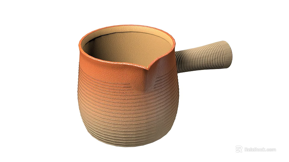Ceramic Kitchen Pot With Gradient Orange Beige Color Vertical Striped Texture And Spiral Handle 3d model