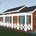 Wooden Detached House With Black Roof White Porch Railings And Green Lawn