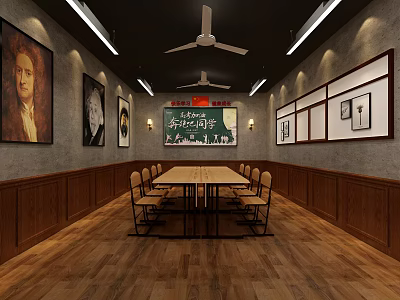 Traditional Classroom Interior Featuring Blackboard Portraits Wooden Decor Ceiling Fan And Lights 3d model