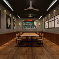 Traditional Classroom Interior Featuring Blackboard Portraits Wooden Decor Ceiling Fan And Lights