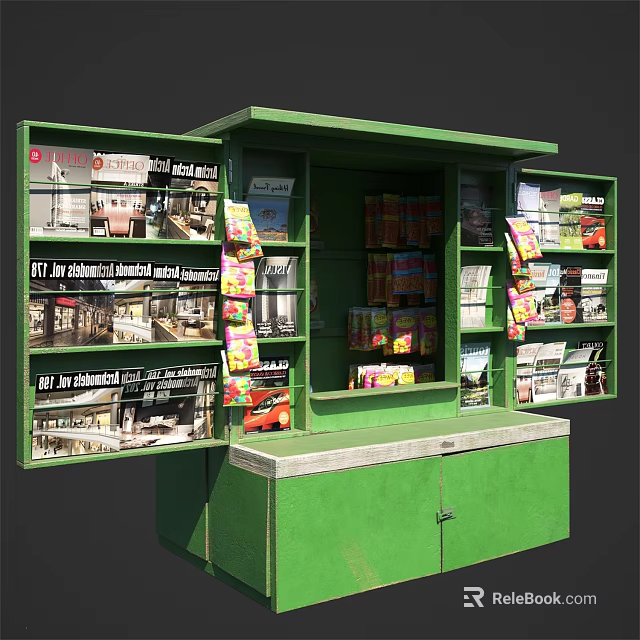 Green Commercial Kiosk with Magazine Racks and Product Display Shelves for Retail 3d model 