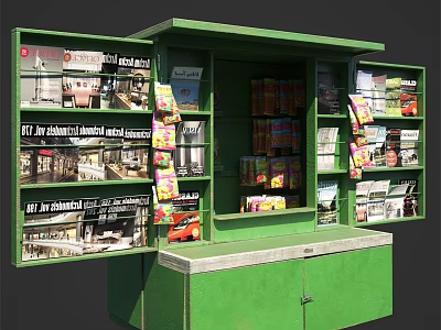 Green Commercial Kiosk with Magazine Racks and Product Display Shelves for Retail 3d model