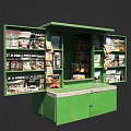 Green Commercial Kiosk with Magazine Racks and Product Display Shelves for Retail
