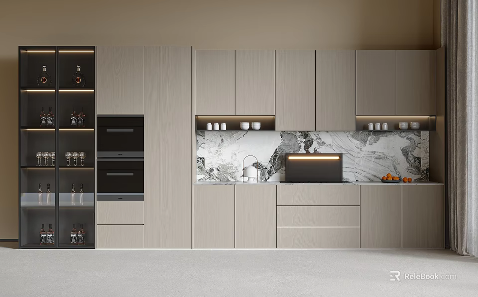 Modern Kitchen Wine Cabinet With Glass Doors And Marble Backsplash 3d model