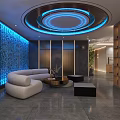 Modern Elevator Hallway Design With Wooden Doors Wall Lamps Green Plants And Gray Floor Tiles