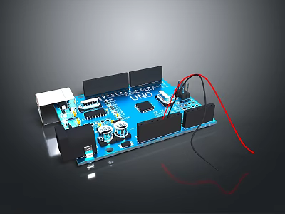 Blue Arduino Uno Circuit Board With Electronic Components USB Interface And Connecting Wires 3d model