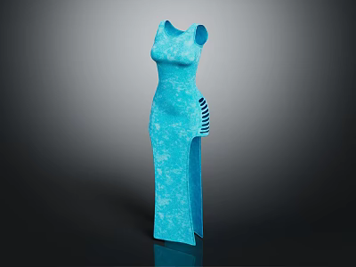 Blue Patterned Fitted Evening Dress with Side Cutouts and Slim Silhouette 3d model