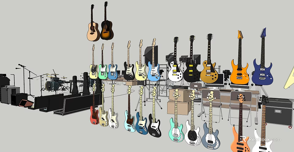 Various Colorful Guitars in Different Styles Displayed on Musical Instrument Shelves 3d model 