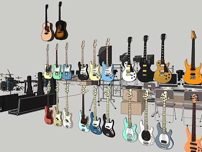 Various Colorful Guitars in Different Styles Displayed on Musical Instrument Shelves 3d model
