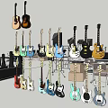 Various Colorful Guitars in Different Styles Displayed on Musical Instrument Shelves