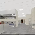 Commercial Kitchen Interior With Stainless Steel Range Hood Worktables Shelves And Tiled Walls