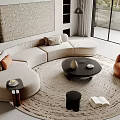 Modern Curved Sofa and Round Coffee Table Set with Woven Rug and Orange Accent Chair