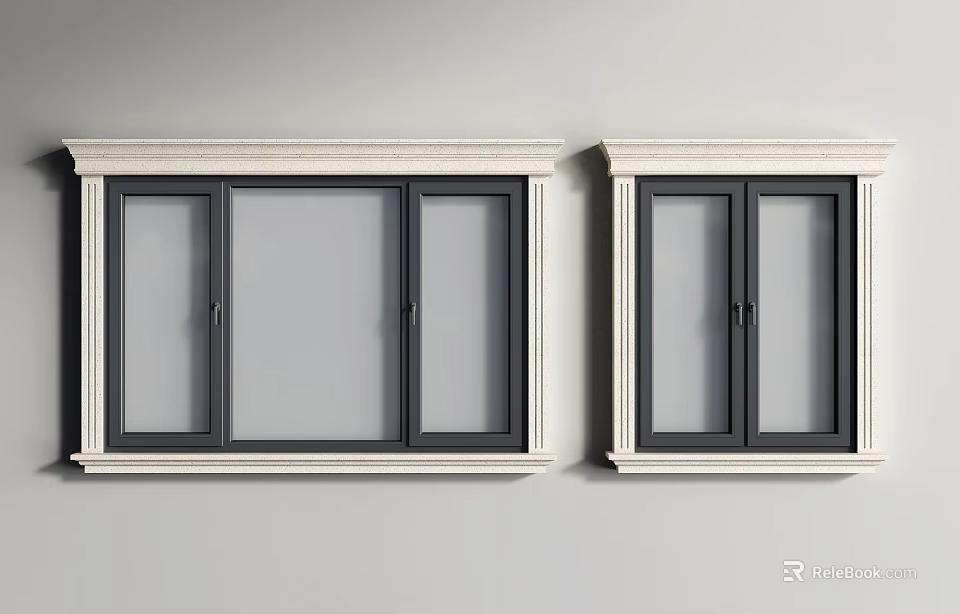 Two Modern Casement Windows with White Frames and Gray Sashes Mounted on Wall Surface 3d model