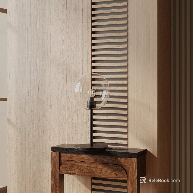 Modern Glass Globe Table Lamp on Wooden Table with Black Top and Slatted Wooden Wall 3d model 