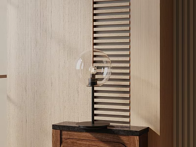 Modern Glass Globe Table Lamp on Wooden Table with Black Top and Slatted Wooden Wall 3d model